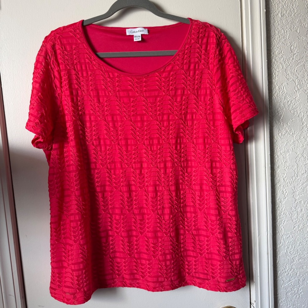 Calvin Klein Pink Textured Chevron Scoop Neck Short Sleeve Blouse XXL